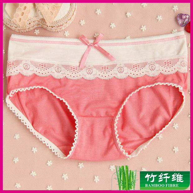 Sexy women's lace decoration bow mid waist solid color triangle panties female bamboo charcoal fiber cotton