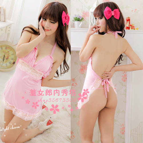 Sexy women's pink nightgown sexy temptation lacing straps apron type nightgown sleep set 8037