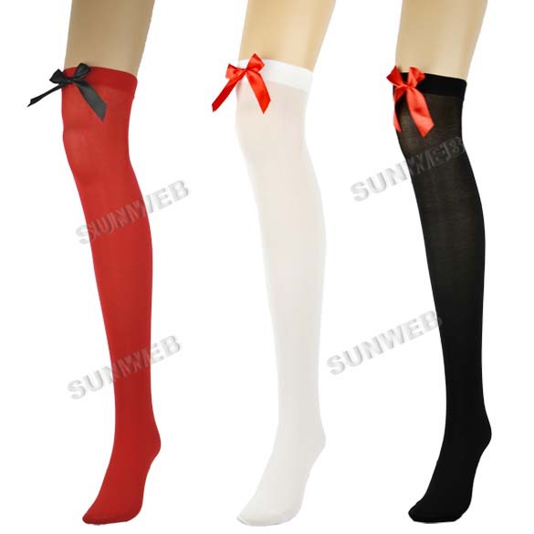 Sexy Women's Silk Lace socks Top Bows Bowknot Thigh High Stockings 3 Colors free shipping 8195