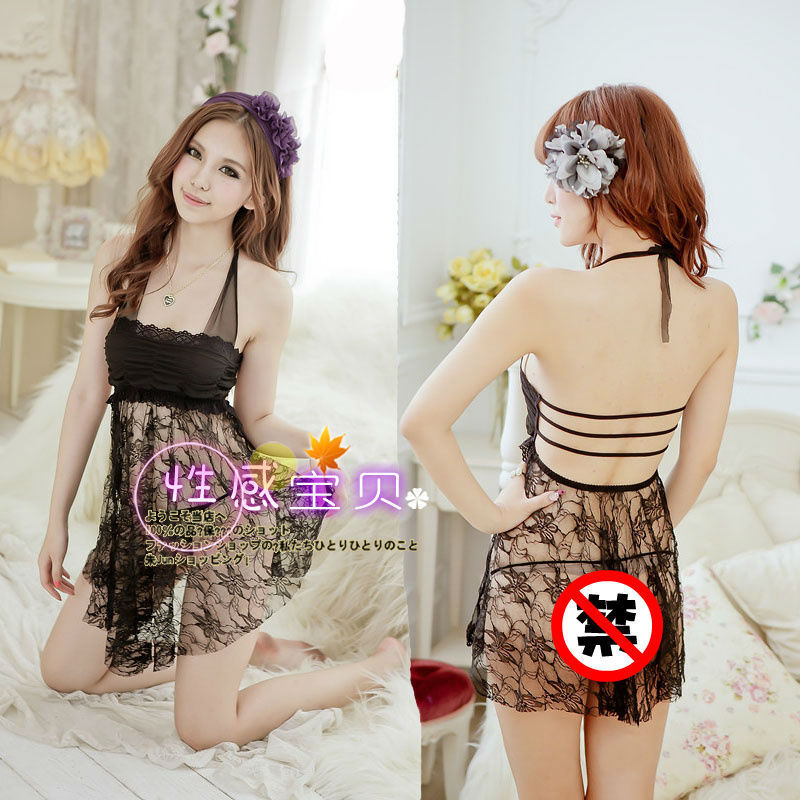 Sexy women's underwear sleepwear bra halter-neck transparent lace short skirt thong st4977