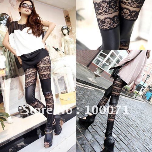 Sexy Women Stretch Lace Stitching Faux Leather Tights Pantyhose Leggings Pants  [23931|99|01]