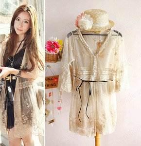 Sexy Women Sweet Sheer Lace Waist Slim Midi Pattern T-Shirt Dress Cardigan Coat