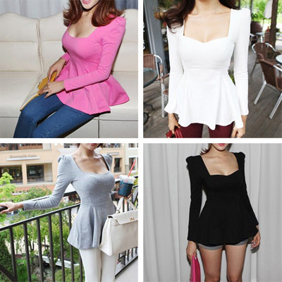 Sexy Women Sweetheart Neck Long Sleeve Slim Waist Skirt Top Blouse Casual Shirt Free Shipping