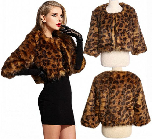 Sexy Women Wild Leopard Luxury Quality Faux Fur 3/4 Sleeves Cropped Jacket Coat Free Shipping Wholesale