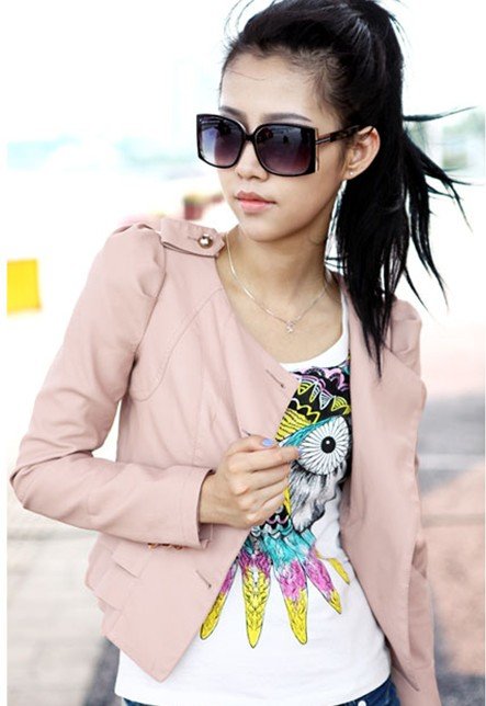 Sexy Womens Korea Ladies Pink Round Collar Top leather Jacket Zipper Short Coat Outerwear 1253 (Drop Shipping Support)