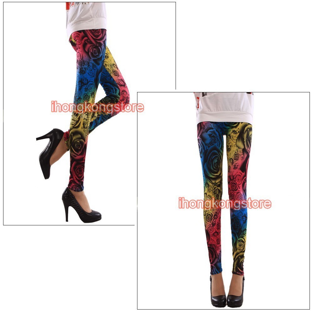 Sexy Womens Stretch Leggings Pants Printed Rose Skinny Trousers Tights #8079-688