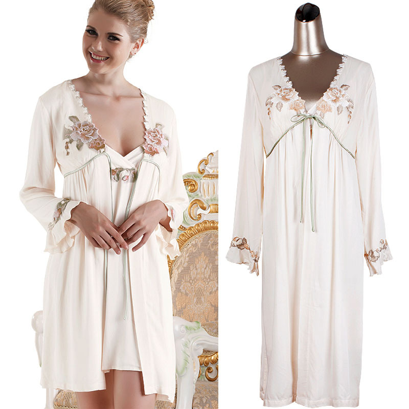 SG Autumn and winter sleepwear female long-sleeve satin cotton sexy embroidered robe nightgown twinset plus size lounge