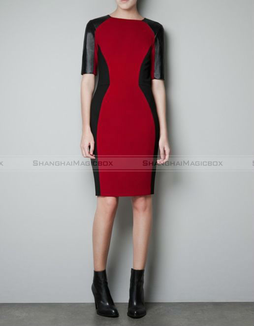 Shanghaimagicbox Women Fashion Faux Leather Splice Slim Dress One Piece Black Red WDRS185