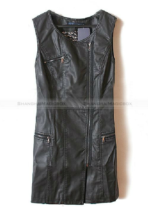 Shanghaimagicbox Women Faux Leather Slim Fit Sleeveless Dress One Piece Jumper WDRS176