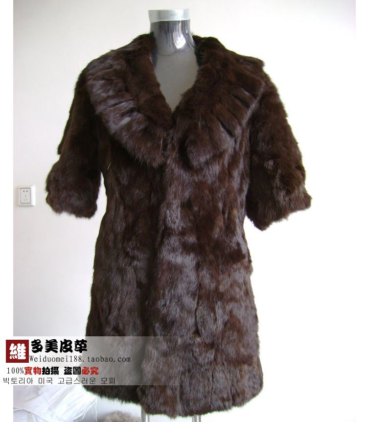 Shawl collar short-sleeve rabbit fur coat solid color coffee