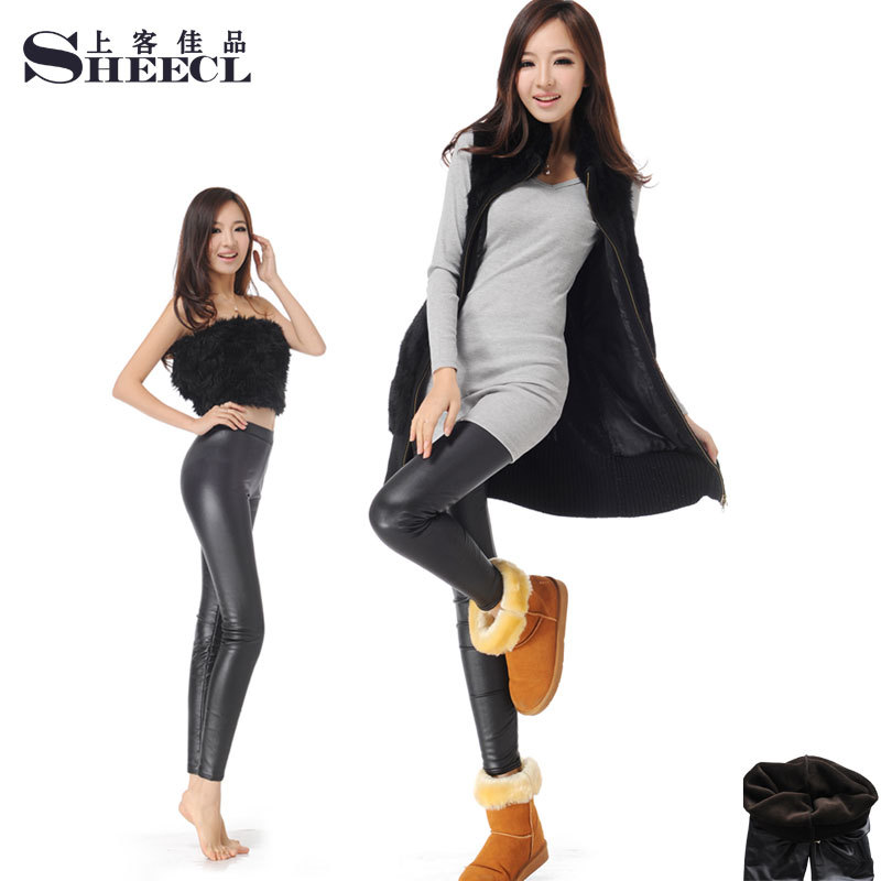 Sheecl ultra elastic boot cut jeans faux leather pants female trousers autumn and winter thickening slim 2013 plus velvet tight