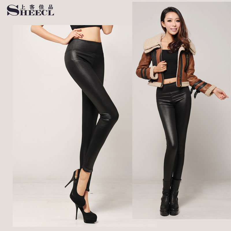 Sheecl2013 women's faux leather pants female slim thickening plus velvet high waist elegant trousers