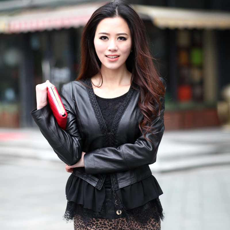 Sheep 2012 autumn sheepskin genuine leather clothing female lace short design slim outerwear 319