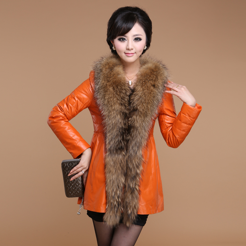 Sheep 2012 genuine leather sheepskin medium-long Women leather clothing down raccoon fur 6126