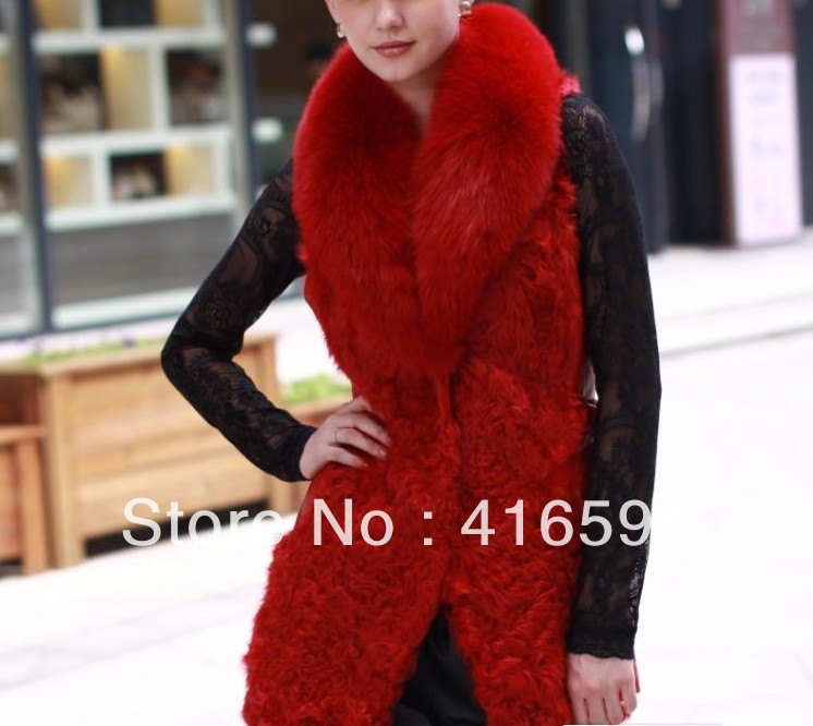 Sheep skin ,Big fox fur collar ,Thin body grows in , M L XL XXL ,Free shipping,wholesale,Fur vest,yellow,red,black,grey