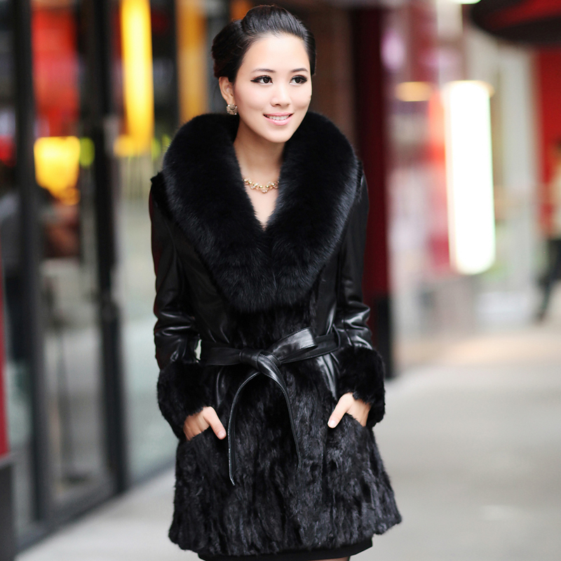 Sheepskin fox fight mink fur long design leather clothing mf12226