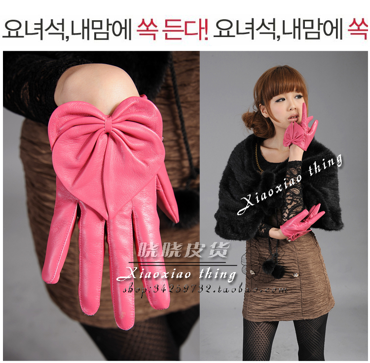 Sheepskin Genuine Leather Female Gloves With Bowknot Heart-shaped Fashion Multicolor