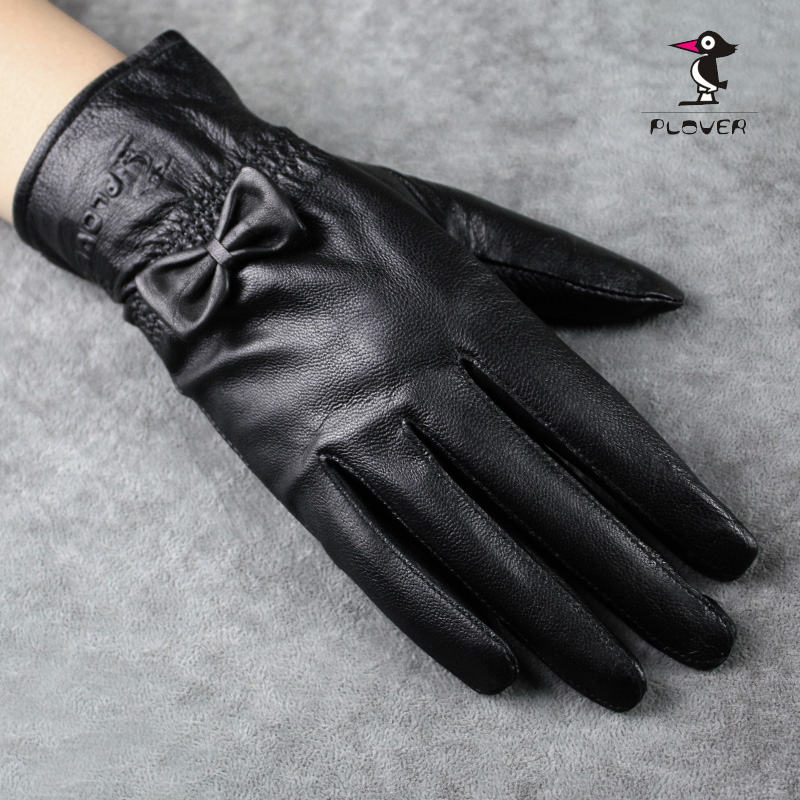 Sheepskin gloves female winter bow genuine leather gloves women's fashion glove thin