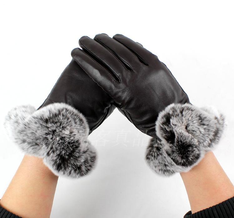 Sheepskin gloves women's winter fashion thickening thermal women's rabbit fur genuine leather