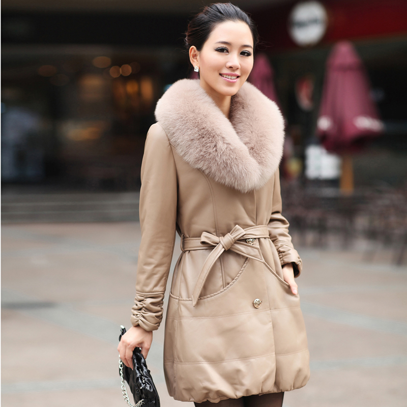 Sheepskin ultralarge fox fur genuine leather clothing women's long design plus cotton leather clothing plus size leather