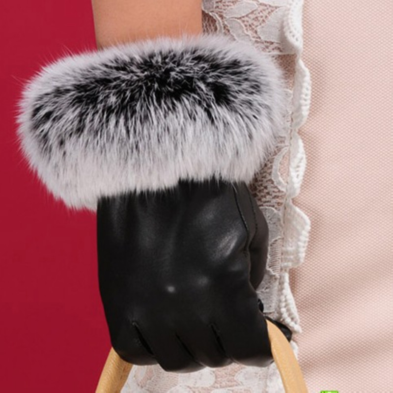 Sheepskin women's  women's genuine leather  leather gloves female  rabbit fur gloves