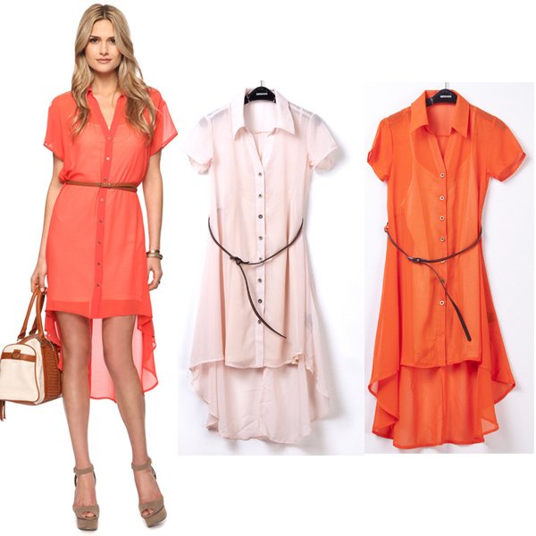 Sheer chiffon high low short front button sleeve turn down collar women dress with belt underdress/orange hi lo dress/FZ0628