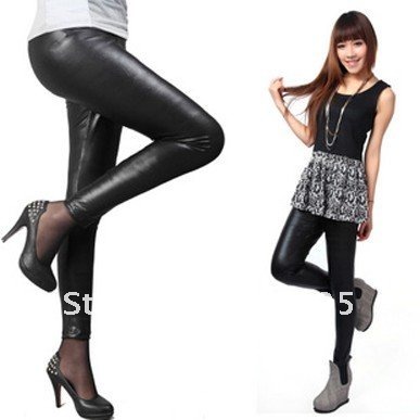 Shiny Black PU leather tights pants Sexy leggings for women