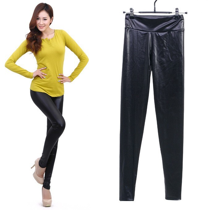 Shiny Metallic High Waist Black Stretchy Leather Leggings/Tights/Pants (Drop shipping support!) 3014