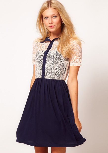 (Shipping Free!!) ASOS Style 2013 Summer Chiffon Dress Casual Turn-down Collar Lace Dress 9058