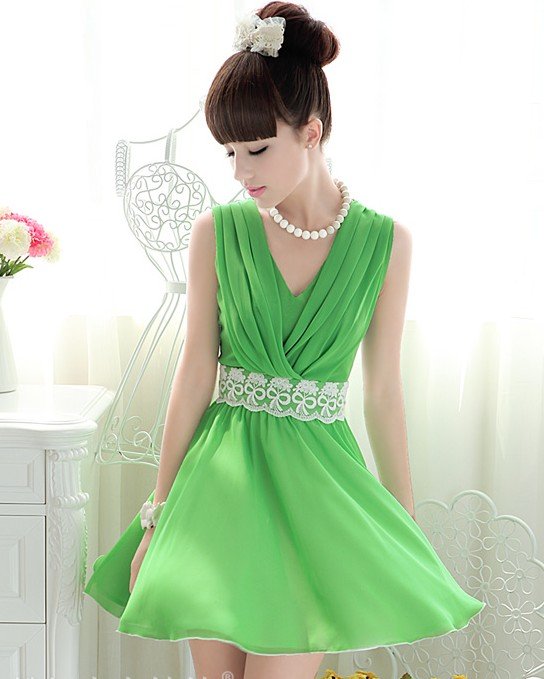 (Shipping Free!!) Korean Apple Green Casual Dress/ Summer  Dress/Chiffon Dress 3778