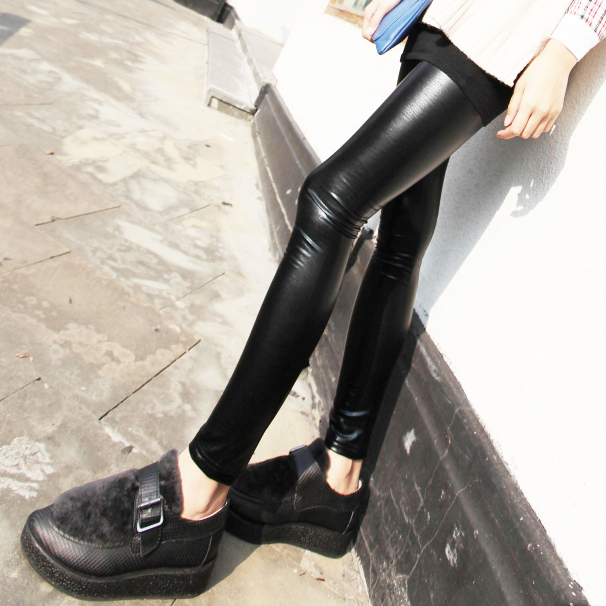 Shipping Free + Leather + Fleece lining Autumn Winter Women Leggings