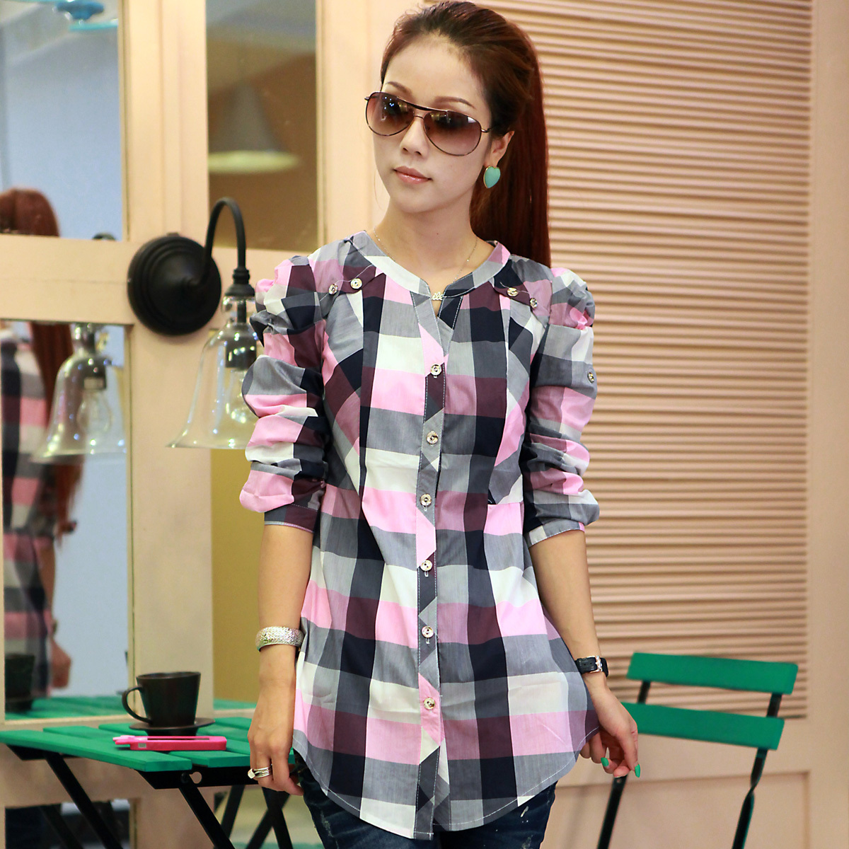 Shirt female long-sleeve shirt spring 2013 women's puff sleeve plaid shirt female fashion mushroom