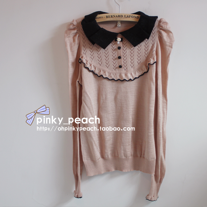 Shirt wire cutout puff sleeve ruffle turn-down collar peter pan collar mercerizing wool sweater