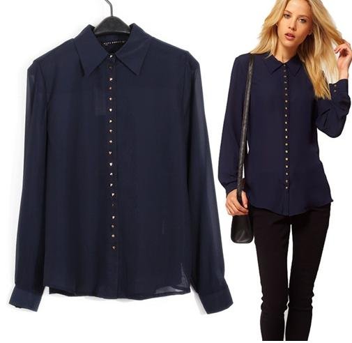 shirt women fashion long sleeve  turn down collar loose studs rivets button blouse shirt