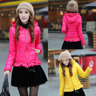 Short design winter wadded jacket lace decoration slim hooded wadded jacket cotton-padded jacket female