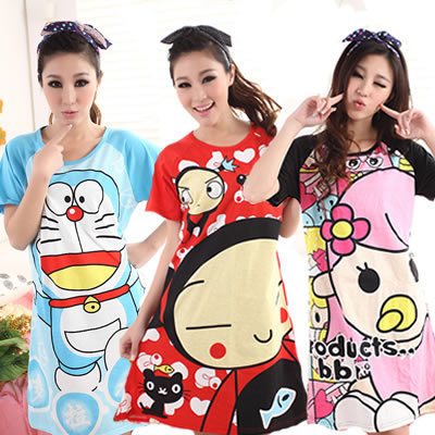 Short-sleeve cartoon women's sexy knitted blending 100% cotton sleepwear at home nightgown lounge