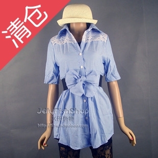 Short-sleeve denim shirt lace denim pear long design shirt belt