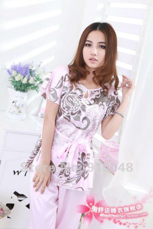 short sleeve lady's nightwear/ silk sleep set /polka dot  lounge/ wholesale & retail / free shipping