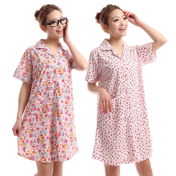 Short sleeve length skirt women's double-breasted shirt comfortable cartoon nightgown summer cotton sleepwear