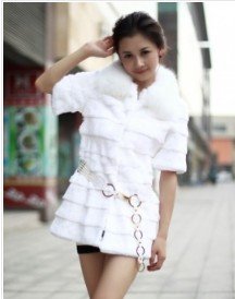 Short Sleeve Rabbit Fur Coat White free shipping YB10091502-3