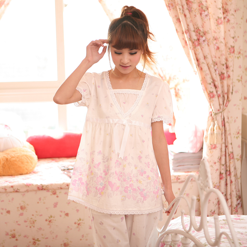 Short-sleeve sleepwear sweet princess woven 100% cotton fabric lounge set 1551