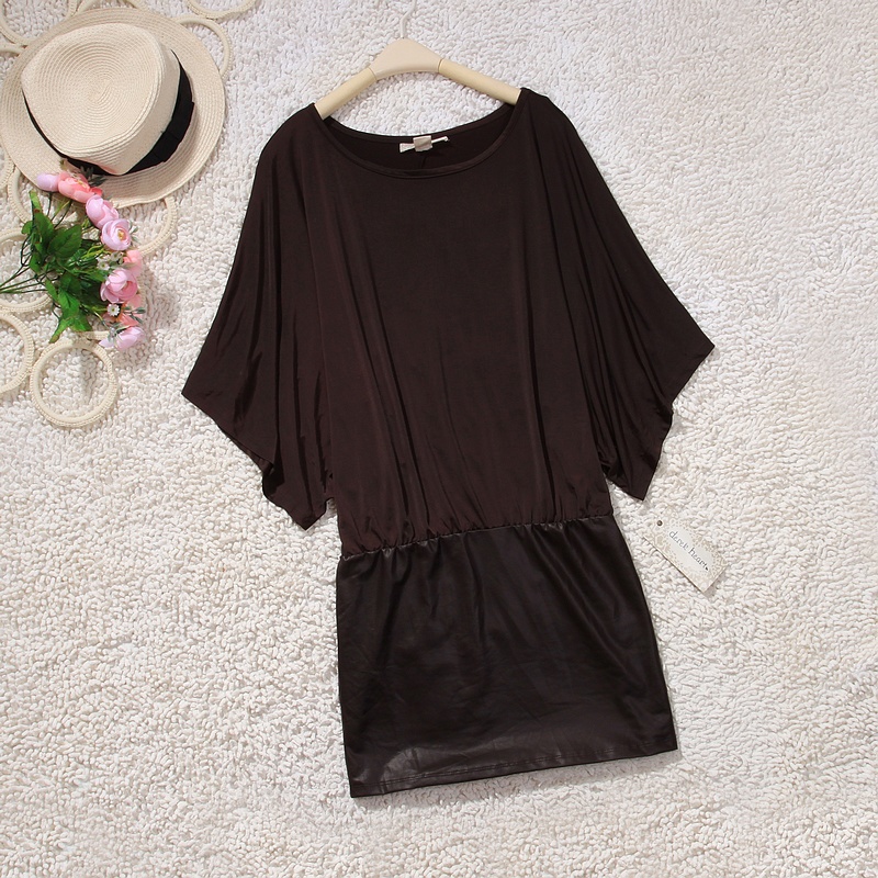 Short-sleeve top faux leather slim hip dress skirt one-piece female plus size available d158a