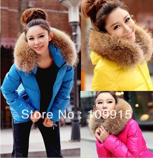 Short Slim Fit Lady Fur Collar Quilted Jacket Down Coat Candy Color Velvet Women HR471