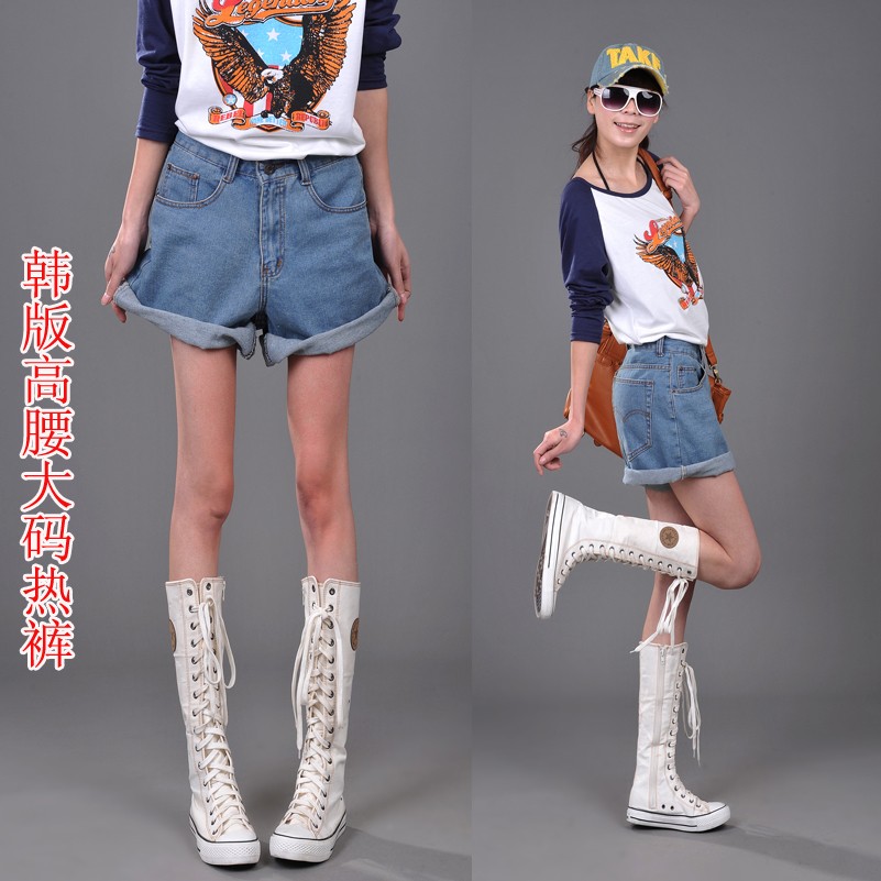 Shorts fashion vintage high waist denim shorts roll-up hem loose plus size pants four seasons single-shorts