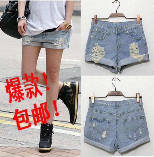 Shorts female 2013 loose denim shorts hole boot cut jeans female jeans shorts boot cut jeans