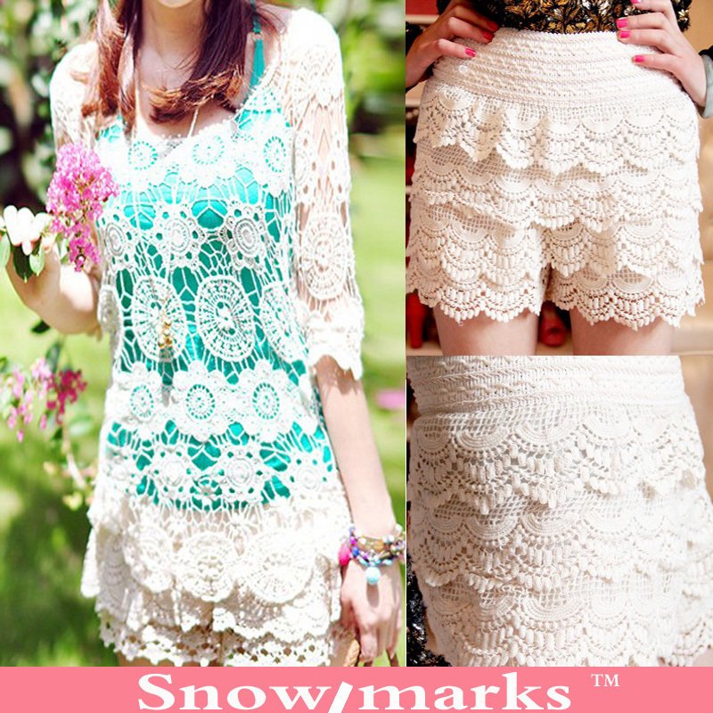 Shorts lace crochet cutout pants slim legging female shorts cake short skirt