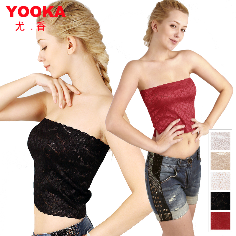 Shoulder strap elastic long design lace tube top basic vest black and white skin color