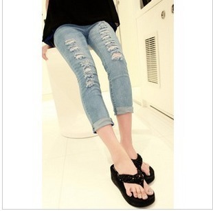 Show lady 2012 all-match hole roll-up hem 9 pants jeans