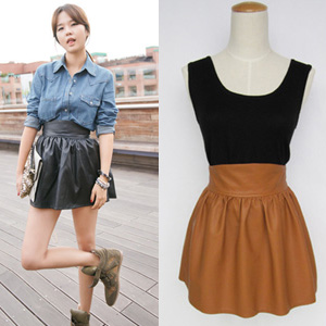 Show room high waist bud basic pleated small leather skirt