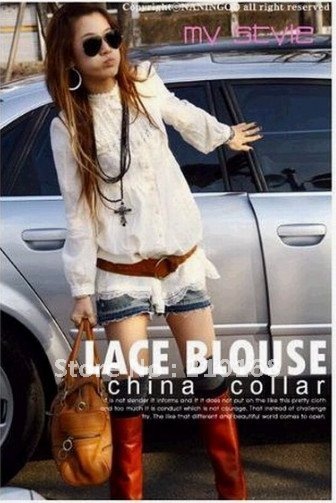 Shuge 2012 Hot Sale Fashion Women's Long Tunic Top Vintage HIPPIE White Lace Shirt Blouse Free Shipping C897200